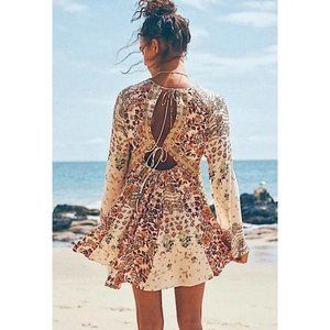 NWT Free People Stevie Printed Floral Mini Tunic Dress Long Bell Sleeves Tea